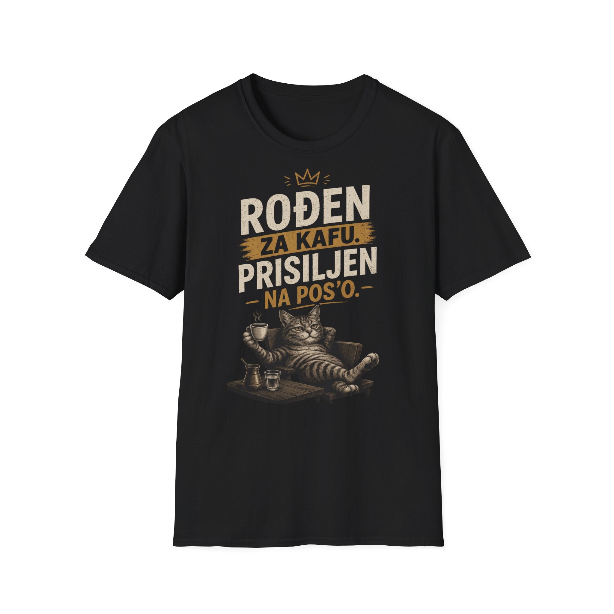 Relaxed Cat Graphic T‑Shirt – "Rođen za kafu, prisiljen na posao" Tee