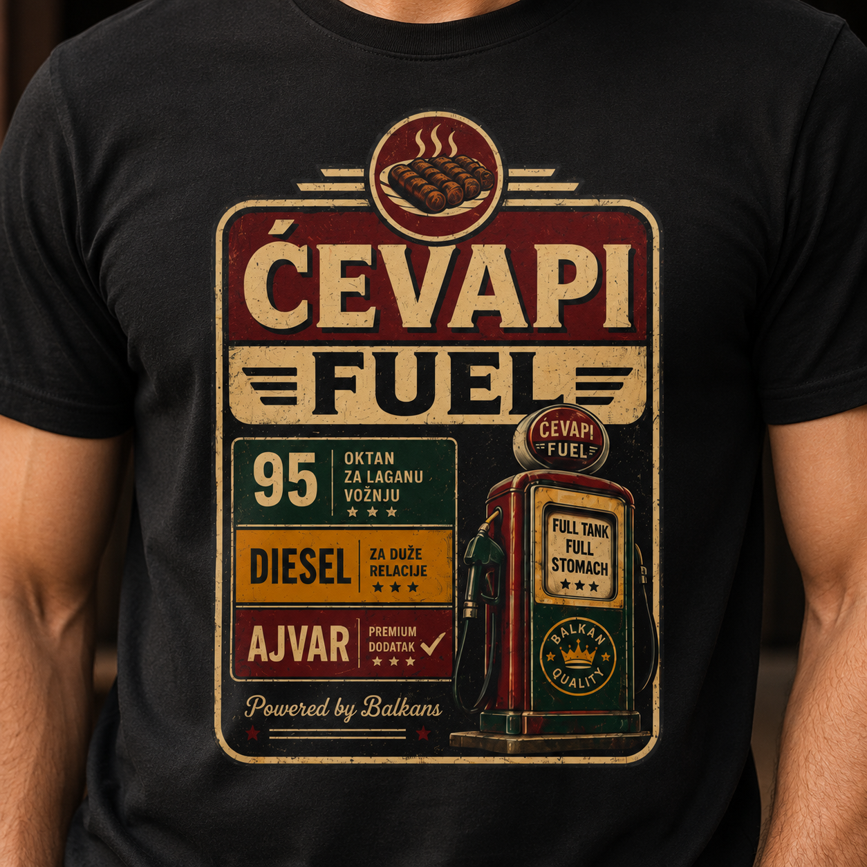 Ćevapi Fuel T-Shirt — Vintage Grill & Ajvar Design